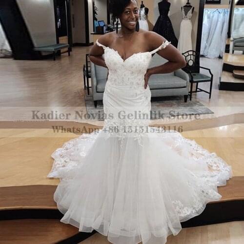 Long Mermaid Wedding Dress 2021 South African Black Girl Women Lace Appliques Off Shoulder Bridal Dresses Vestidos De Novia