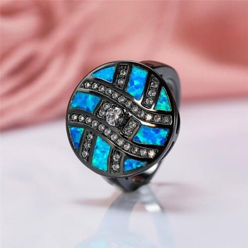BoHO Female Blue Fire Opal Stone Ring Vintage Black Gold Wedding Rings For Women Promise Big Love Engagement Ring
