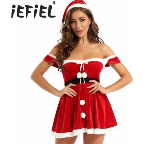 Women Adults Soft Velvet Christmas Xmas Dress Sexy Red Holiday Dress Santa Claus Costume White Flannel Trim Mini Dress with Hat