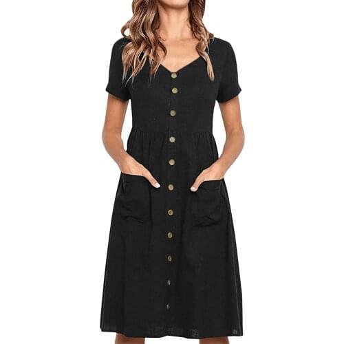 Plus Size Pocket Dresses For Women 2021 Womens Casual Solid Color Short-sleeve V-neck Buttoned A-line Dress Vestidos Mujer