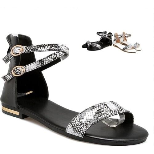 Summer Women Sandals Genuine Leather Flat Heel Women Flip Flops Casual Strap Snake Print Flat Sandals Shoe Woman