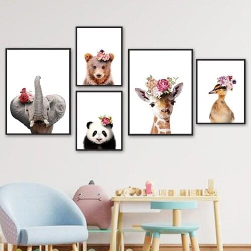 Flower Elephant Bear Panda Duck Giraffe Animal Wall Art Canvas Painting Nordic Posters And Prints Wall Pictures Kids Room Decor