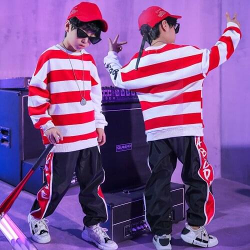 Kids Red Full Sleeve Shirt Jazz Dance Costume Jogger Pants Hip Hop Clothing for Girls Boys Ballroom Dancing Clothes Sweatshirt