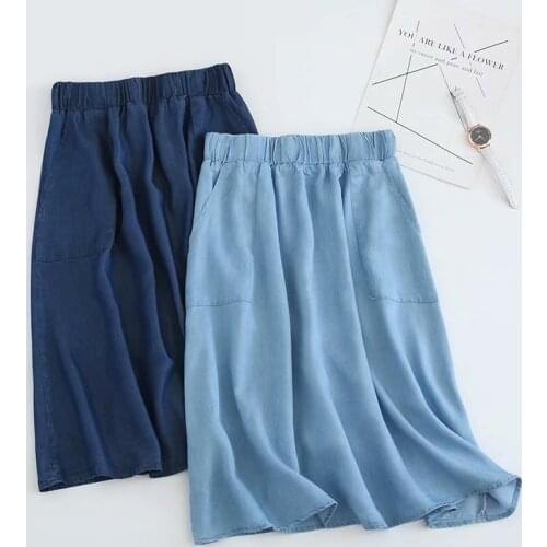 European and American Womens Elastic Waist Large Pocket Tencel Denim Skirt