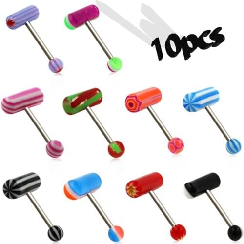 HONGTU 10pcs/set Colorful Capsule Tongue Piercing Acrylic Pill Tongue Rings Steel Piercing Jewelry 14G Punk Body Jewelry Women
