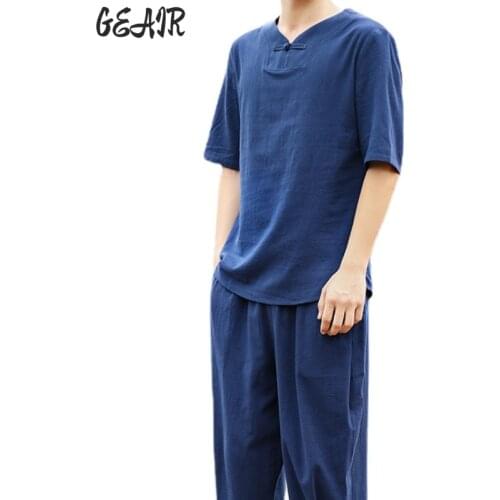 Summer New Mens Cotton and Linen Suit Chinese Style T-shirt Bottoms Retro Disc Button Comfortable Kung Fu Tai Chi Suit For Men
