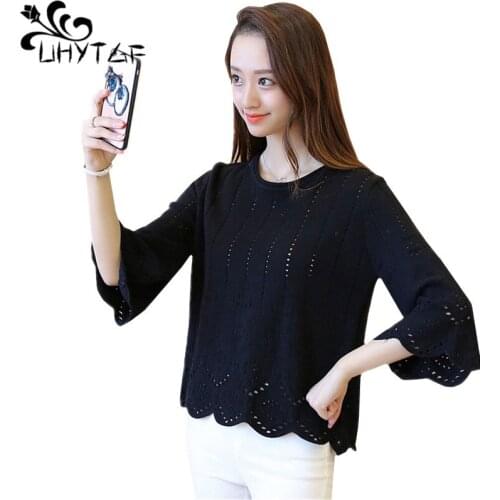 UHYTGF Fashion Hollow Autumn Sweater Womens Knitted Pullover Thin Top Sleeve Elegant Women Short Sweater Jacket Plus Size 836