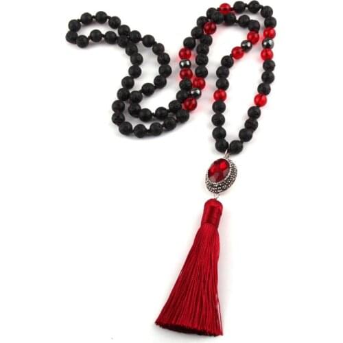 MOODPC Bohemian Tribal Jewelry Fashion Natural Semi Precious Lava Stone Crystal Pave link Tassel Necklace