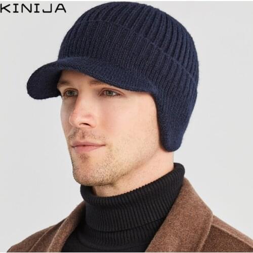 Men winter knitted ear protection cap think wool Beanies bonnet snapback cap short brim hat outdoor cycling Plush keep warm hat