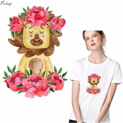 Pulaqi Narcissism Anime Lion Patches Iron On Transfers Cute Animal Flower Heat Thermal Transfer For Clothes DIY Decoration F