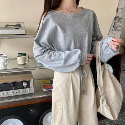 Korean spring new loose high waist short navel exposed long sleeve white top female T-shirt for students