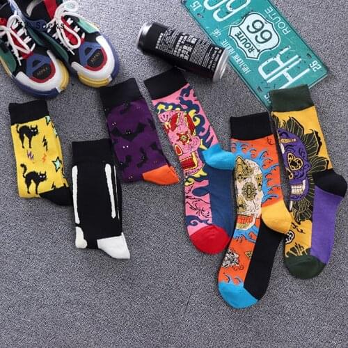 New Fashion Surprising Skull Sockings Cotton Yellow Cat Harajuku HipHop Skateboard Dropshipping Funny Happy Men and Women Socks