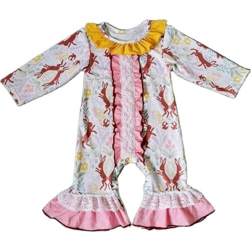 New style bunny long sleeve romper with rufles Infant Baby Boys Girls Cute Cartoon Printed Jumpsuit Climbing Clothes
