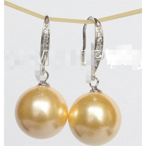 Wholesale good Hot sale jewe 14mm round yellow south sea shell pearl Earrings 925