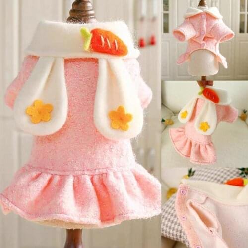 Autumn Winter Pet Clothes Pink Padded Soft Warm Bunny Ear Turn-down Collar Skirt Dog Cute Dress