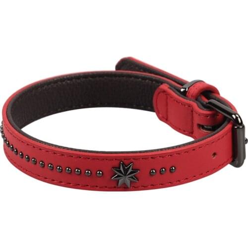 Genuine Leather Dog Collar Star Studded Big Dog Collars Pet Necklace for Medium Large Dogs Walking Pitbull Bulldogs Black Red
