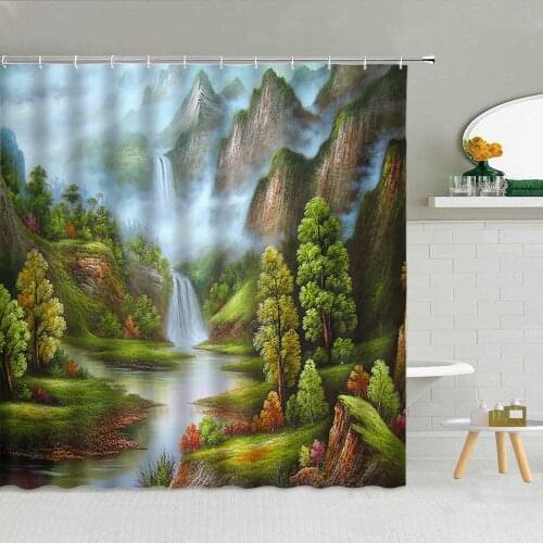 Landscape Oil Painting Waterfall Forest House Mountain Shower Curtain Bathroom Supplies Fabric High Quality With Hooks Decor