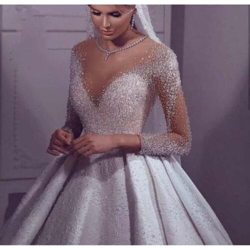 Luxury Vestidos Beaded Crystals Arabic Wedding Dress 2020 Long Sleeves Dubai Wedding Gowns Floor Length robe de mariee