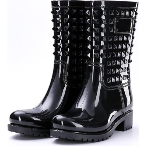 Women Boots Spring Summer Rainboots Mid-Calf Woman Shoes Big Size Non-slip Waterproof Female Footwear Rivet PVC Rain Boots New