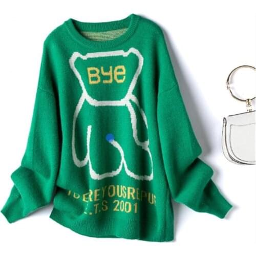 Bear Print Loose Sweater Lazy Style Long Wild Round Neck Fashion Knitted Pullover 2021 Autumn Winter New Women