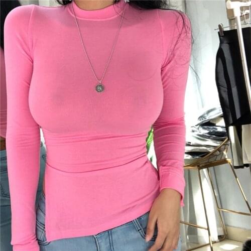 2021 Korean Style T Shirt Women Slim High Elastic Long Sleeve T-Shirt Sexy Skinny Cotton Tshirt Womens Tops Tee Shirt Femme