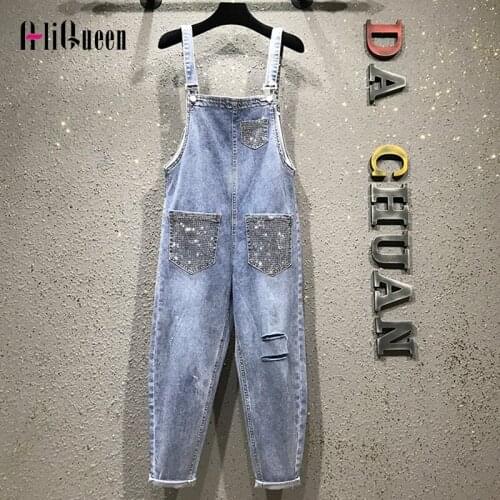 Women Loose Jean Jumpsuit Pocket Paste Drill Denim Pant Female Hole Pencil Long Trousers Streetwear Plus Size Overalls for Woman