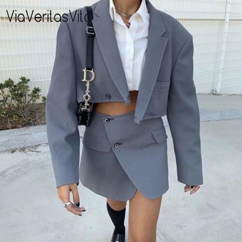 2021 New Korean Spring Solid OL Two Piece Suit Blue Long Sleeve Lapel Cropped Blazer+Button High Waist Mini Skirt For Ladies