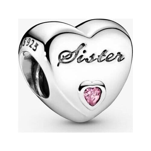 100% 925 Sterling Silver Beads Sister Heart Pink CZ Charm Fit Original Bracelet DIY Jewelry Gift bijoux