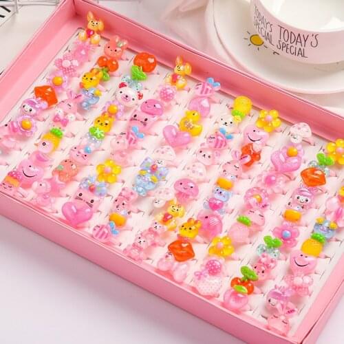 36pcs/lot Childrens Cartoon Rings Candy Flower Animal Bow Shape Ring Set Mix Finger Jewellery Rings Kid Girls Toys