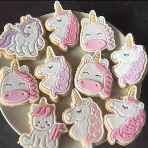 6pcs 3D Cute Unicorn Shape Cookies Cutters Plastic Push Stamp Mold For Biscuit Fondant Dessert Baking Birthday Cake Decor Tools