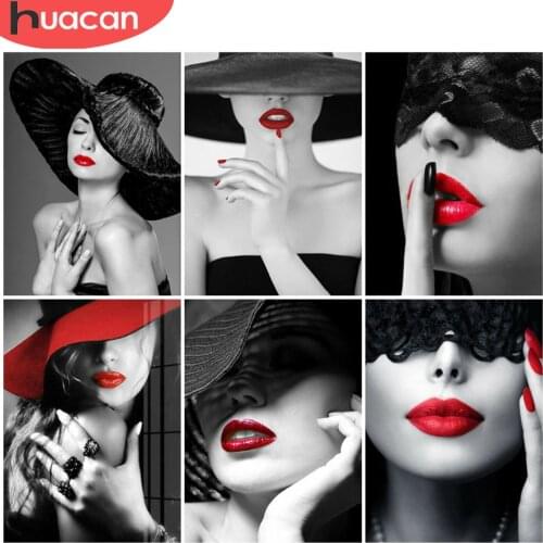 HUACAN Diamond Painting Woman Cross Stitch Full Square/Round Diamond Embroidery Black Red Decoration For Home