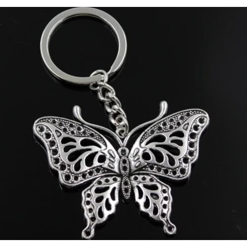 New Fashion Men 30mm Keychain DIY Metal Holder Chain Vintage Hollow Butterfly 60x48mm Silver Color Pendant Gift