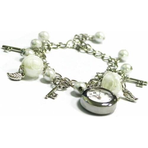 1PCS Hot Popular Fashion Womens Clock Glamour Ladies Quartz Watch Faux Pearl Bracelet Watch Leaf Key