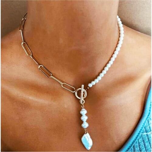 European and American fashion simple metal square chain resin imitation pearl temperament sexy lady pendant necklace wholesale