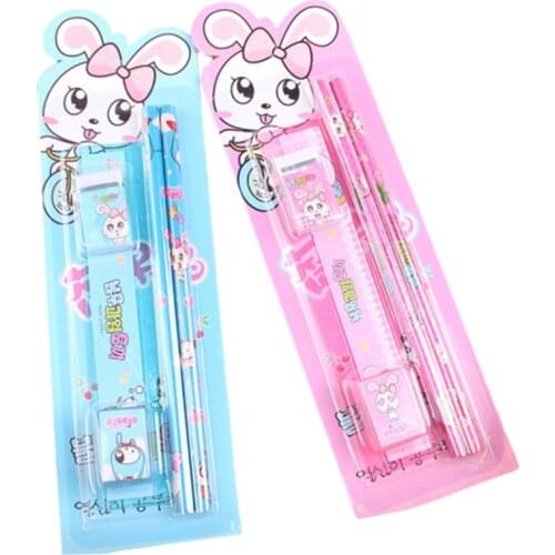 5pcs/Set Cute Cartoon Stationery Set Childrens Day Gift Fashion Office School Supplies Pink Rabbit Pencil Eraser Set