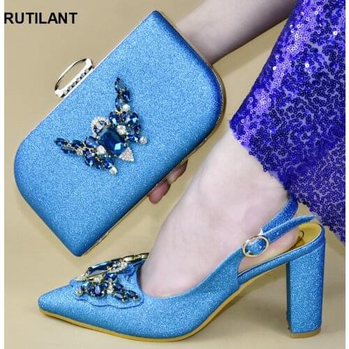New Arrival Shoe and Bag for Nigeria Party Women Shoes High Heel Ladies Italian Shoes and Bag Set Decorated with Rhinestone PU