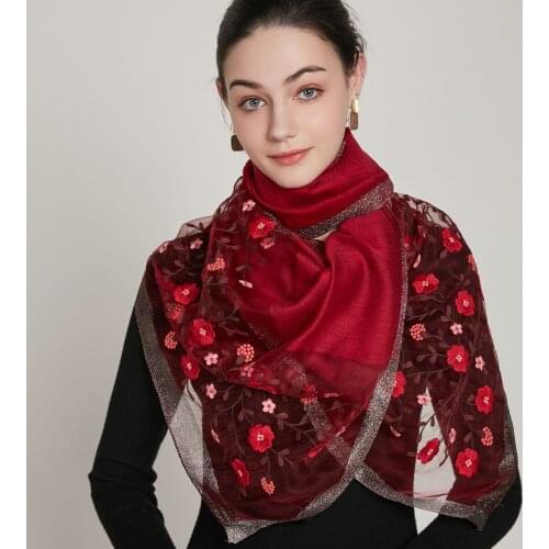 New Autumn Winter New Silk Wool Scarf Women Embroidered Floral Warm Dual-Use Shawl Pashmina