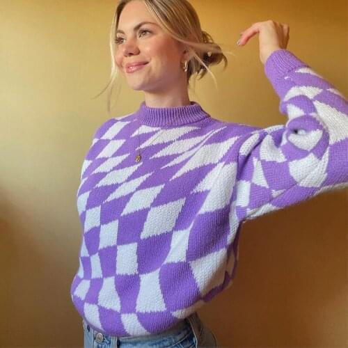 Autumn Plaid Print Y2K Knitted Pullovers Women Vintage Aesthetic Chic Cute Sweaters Harajuku Loose Knitwear Retro