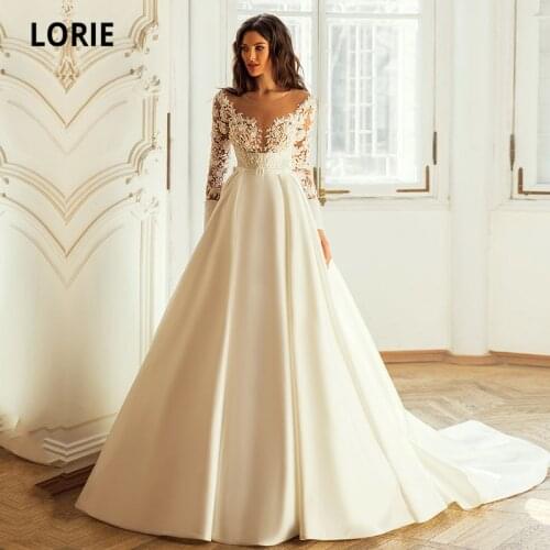 LORIE Vintage Wedding Dresses O-Neck Appliques Lace A-Line Satin Long Sleeves White Ivory Boho Bride Gown 2021 vestidos de novia