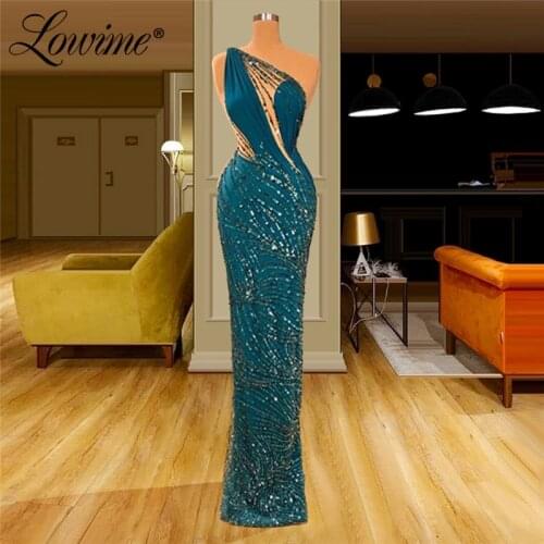 Sequins Evening Dresses One Shoulder Party Gowns 2020 Saudi Arabic Formal Kaftans Dubai Celebrity Dresses Vestidos De Fiesta