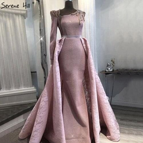 Dubai Design Pink One Shoulder Evening Dresses Vintage Pearls Mermaid Sexy Prom Gowns 2019 Real Photo DLA60929