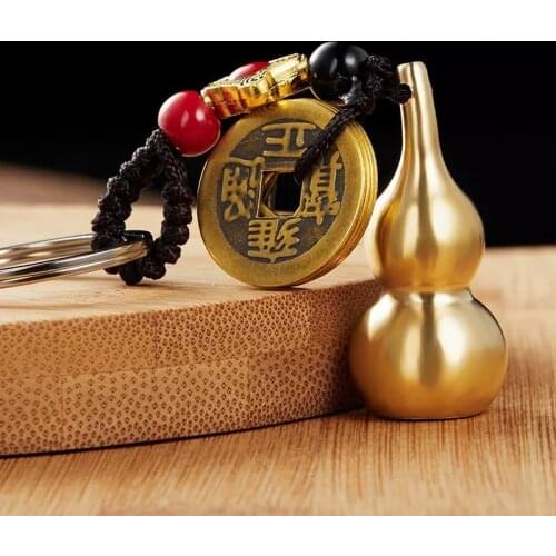 Vintage Brass Money Bag Keychain Fortune Coins Soild Gourd Keychain Lucky Feng Shui Hanging Jewelry Ancient Five Emperors