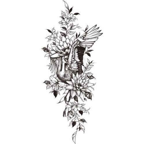 Red-crowned Crane Waterproof Temporary Tattoo Sticker Black Flowers Design Fake Tattoos Flash Tatoos Arm Body Art for Women Men