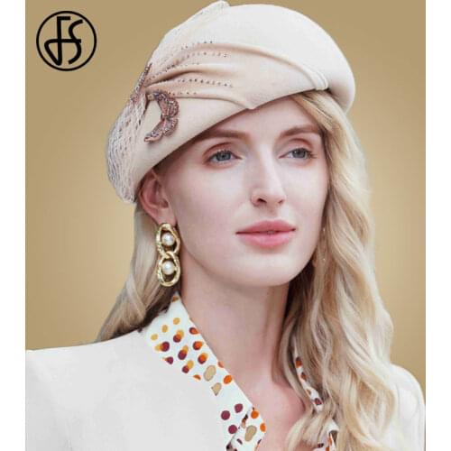 FS 100% Wool French Beret Hats For Women Wedding Fedora Hat Veil Butterfly Berets 2020 Winter Blue Lady Felt Pillbox Church Hats