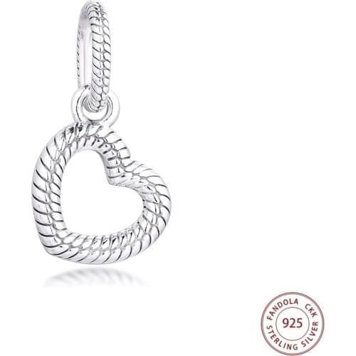 2020 Real 925 Sterling Silver Snake Chain Pattern Open Heart Pendant Charms Fits Pandora Bracelet Beads for Jewelry Making