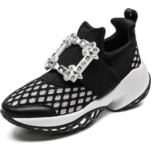 Womens Printed Floral Rhinestones Buckle Sneakers Mesh Sport Breathable Hidden Heel Shoes Real Leather 13Colors New 2021