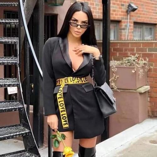 Winter new women slim coat blazer black long sleeve deep V-neck single buckle belt suit jacket Female 2020 fashion party coat