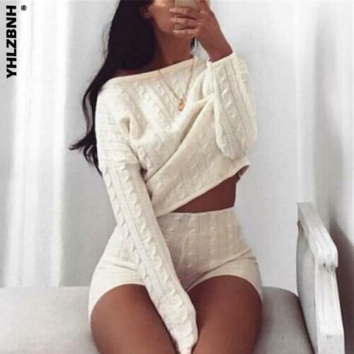YHLZBNH Women Cable Knit Crop Top Lounge Wear Suit Ladies 2pcs Tracksuit Set lounge wear solid crop top Sweater shorts pants