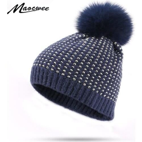 Winter Knitted Beanies Hat With Real Fox Fur Pom Poms For Men And Women Golden Thread Outdoor Warm Thick Girls Skullies Beanies