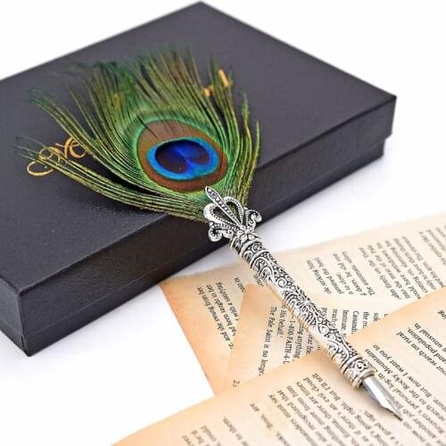 1set Vintage Handmade Peacock Feather Quill Dip Fountain Pen + Writing Ink 3 Nibs Kit Set with Gift Box High quality